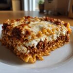 Close-up of a hearty slice of Lasagna with Cottage Cheese, showing layers of pasta, meat sauce, and white cheese filling.