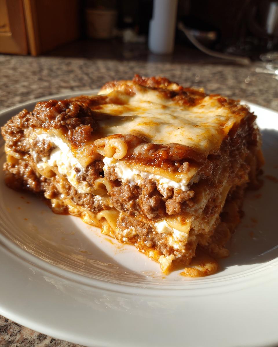 A hearty, layered slice of Lasagna with Cottage Cheese and meat sauce on a white plate.