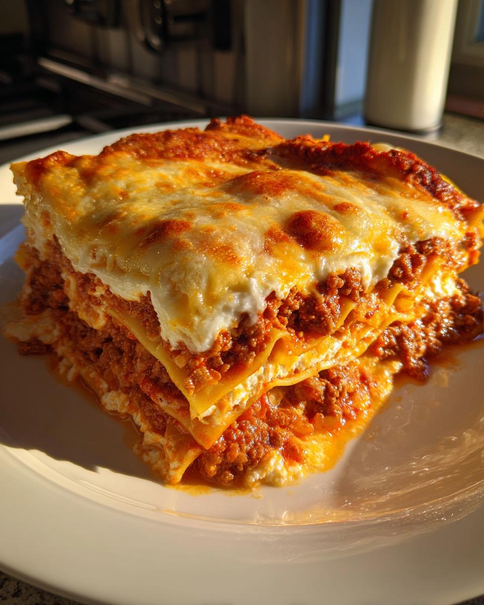 A thick, layered slice of Lasagna with Cottage Cheese featuring rich meat sauce and a bubbly, golden-brown cheese topping.