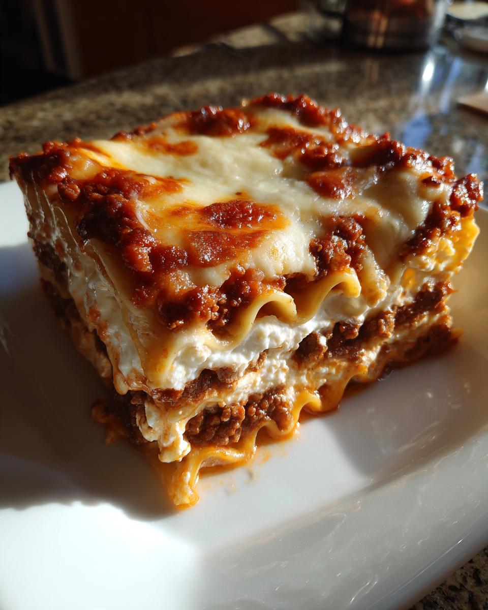 A thick, square slice of Lasagna with Cottage Cheese showing layers of pasta, meat sauce, and white cottage cheese filling.