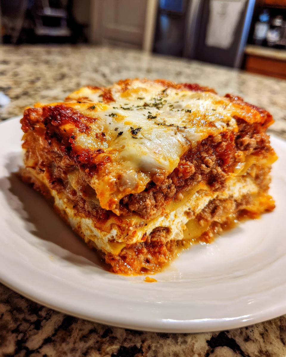 A generous, square slice of Lasagna with Cottage Cheese, showing layers of pasta, meat sauce, and melted cheese topping.