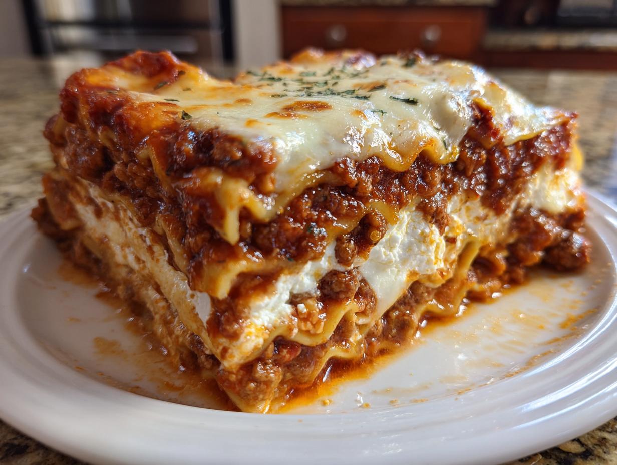 A thick, layered slice of Lasagna with Cottage Cheese, topped with melted mozzarella and meat sauce.