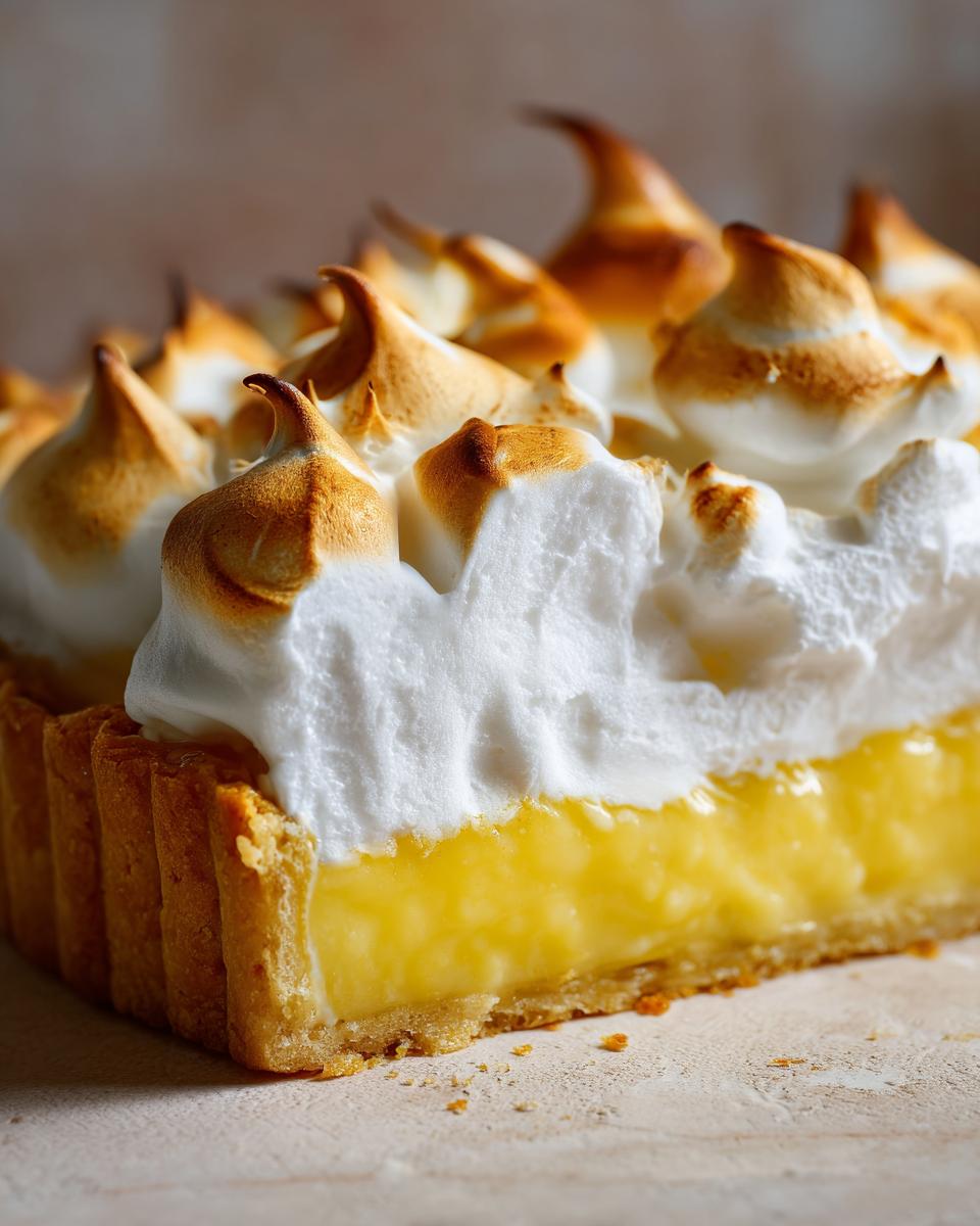 Close-up of a slice of lemon meringue pie showing a thick layer of bright yellow curd and tall, toasted meringue peaks.