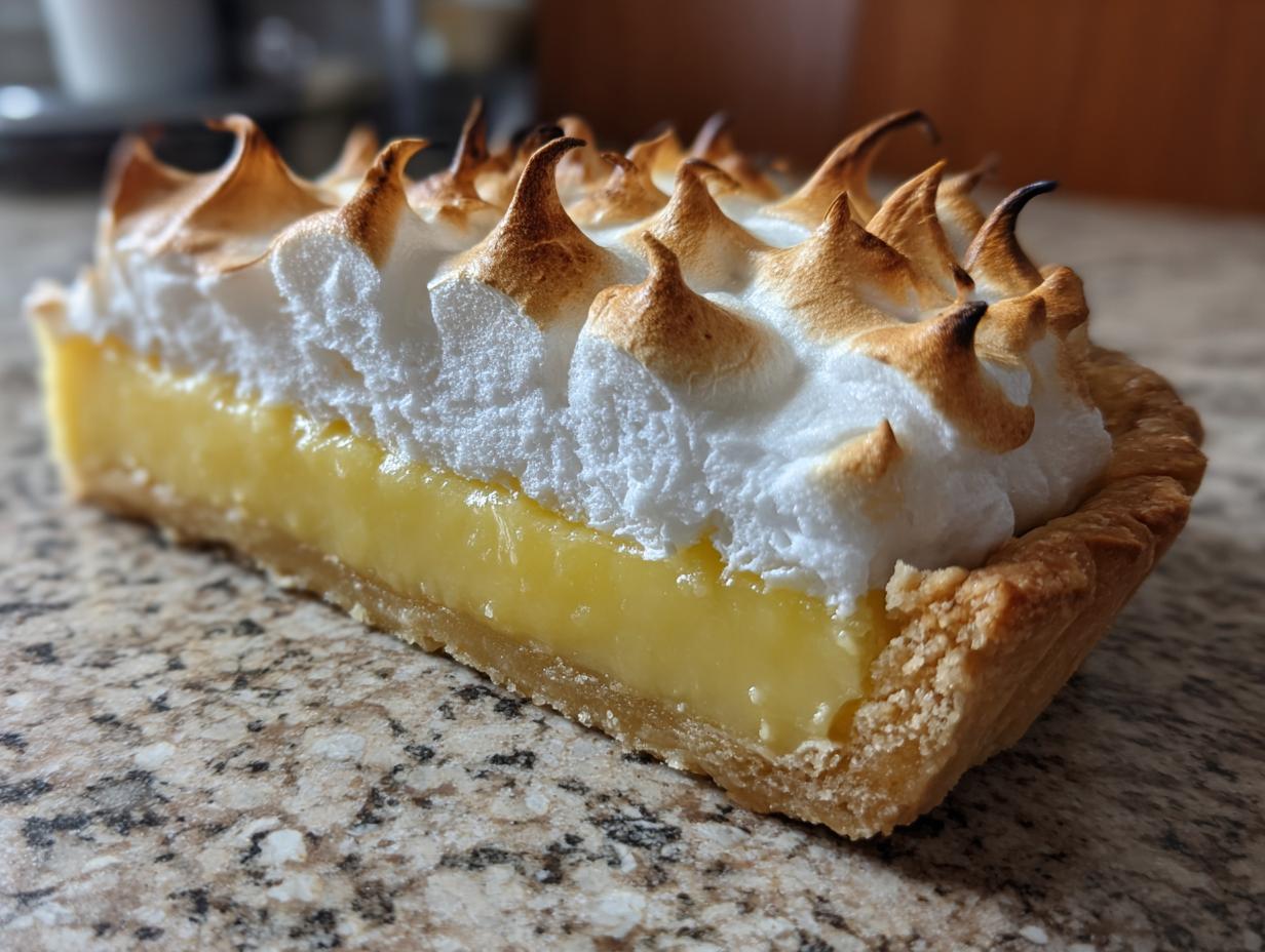 Close-up of a slice of lemon meringue pie showing thick lemon curd, flaky crust, and perfectly toasted meringue peaks.