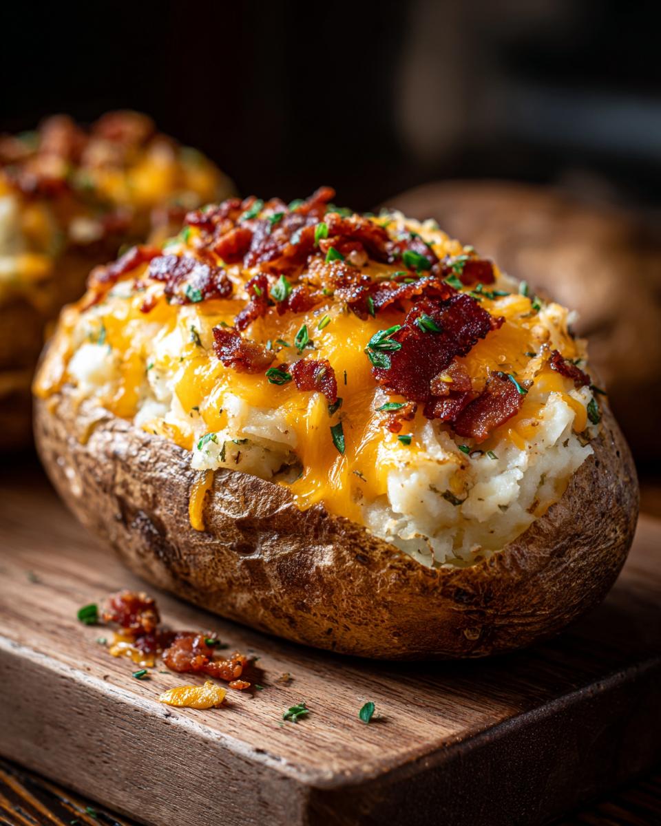 Close-up of a perfectly loaded twice baked potato overflowing with mashed filling, melted cheddar cheese, and crispy bacon bits.