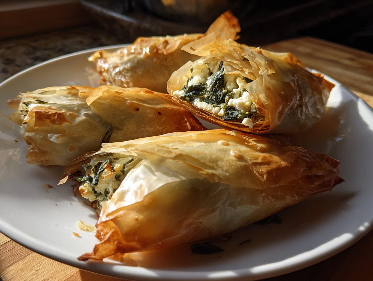 Close-up of flaky, golden Mediterranean Spinach and Feta Cheese Crisps served on a white plate, showing the spinach and feta filling.