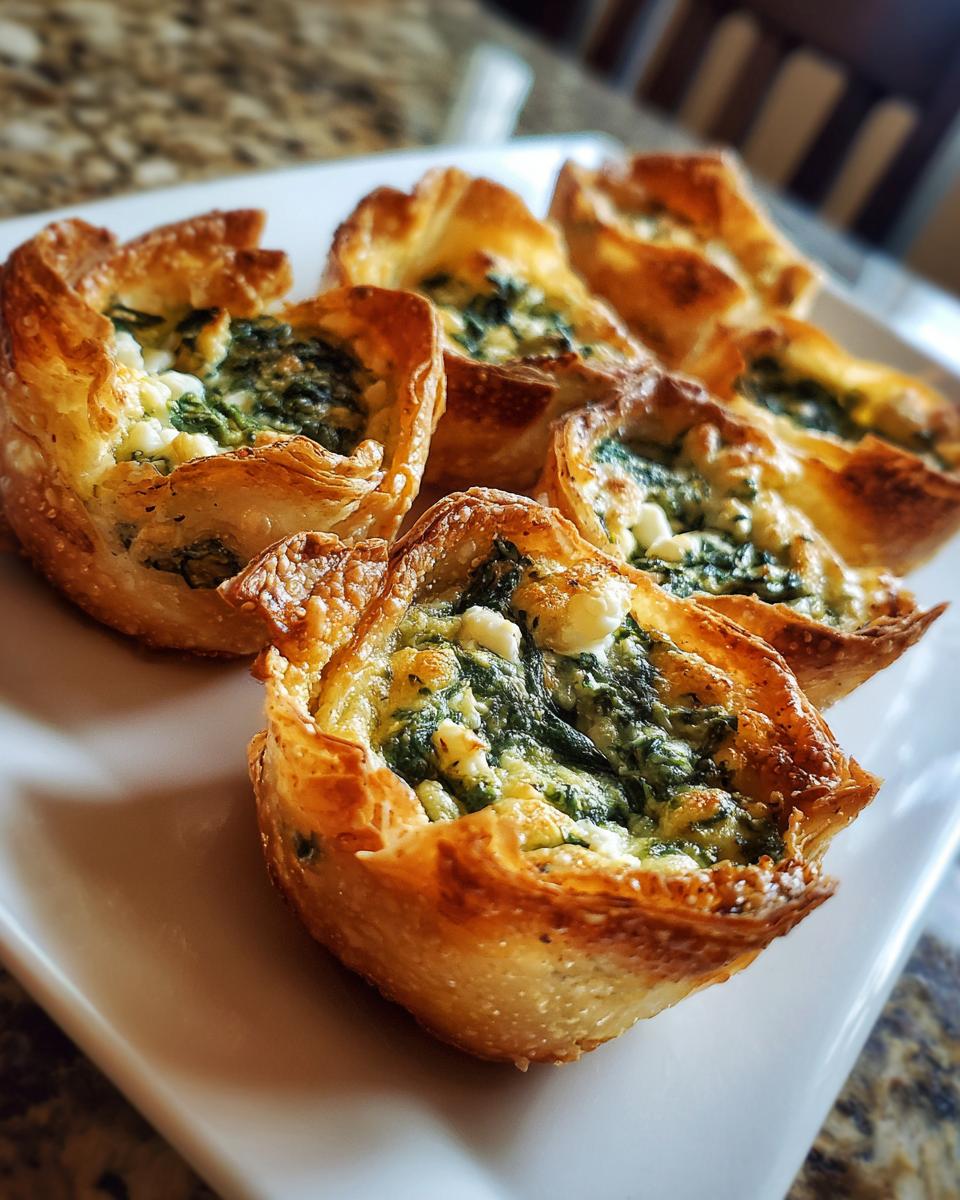 Close-up of several golden, flaky Mediterranean Spinach and Feta Cheese Crisps served on a white rectangular platter.