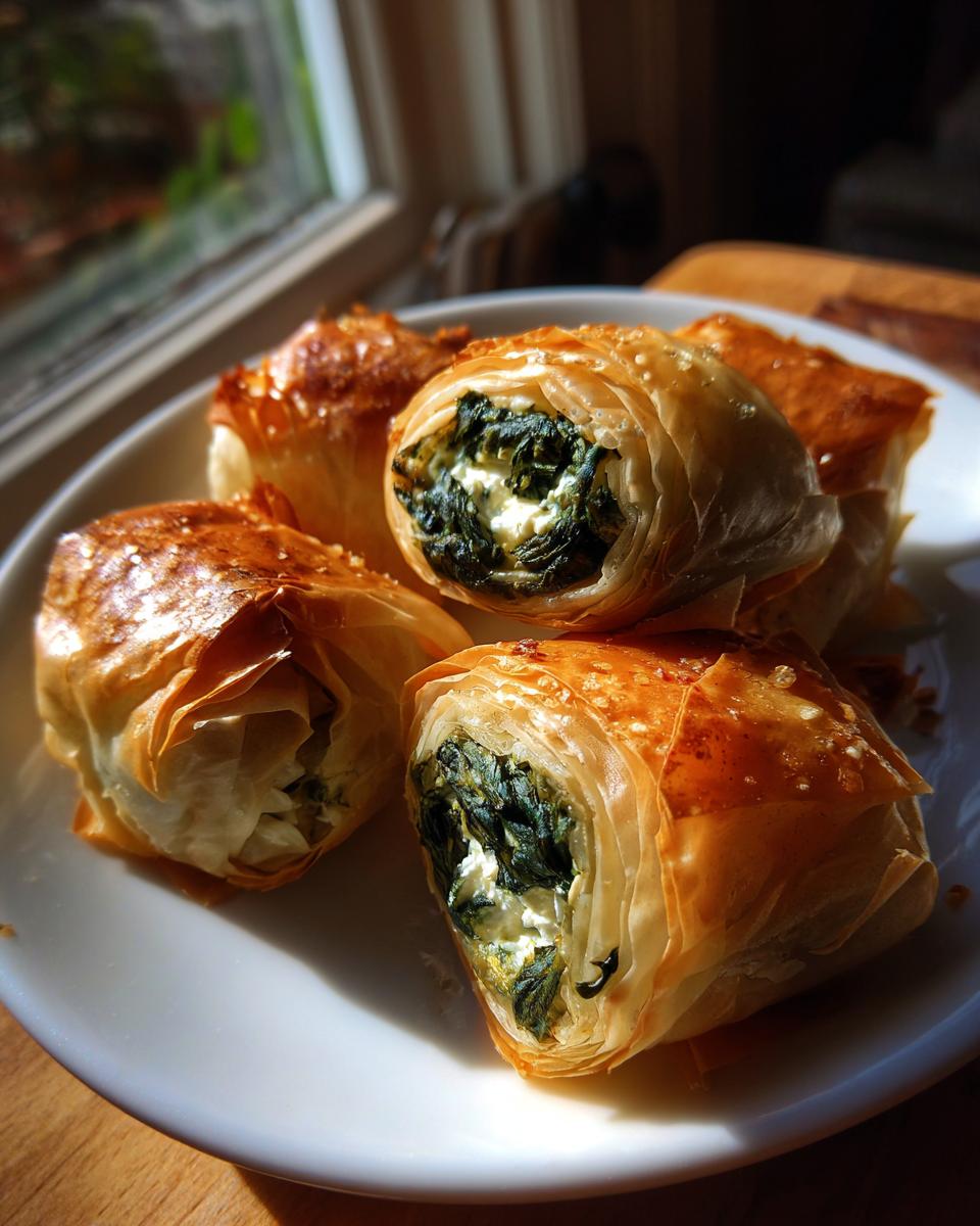 Close-up of crispy, golden Mediterranean Spinach and Feta Cheese Crisps showing the rich spinach and feta filling.