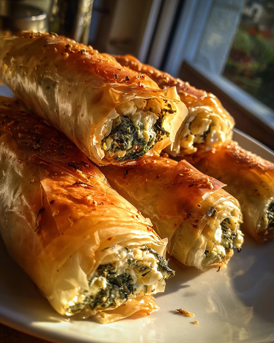 Close-up of golden, flaky Mediterranean Spinach and Feta Cheese Crisps rolls stacked on a white plate.