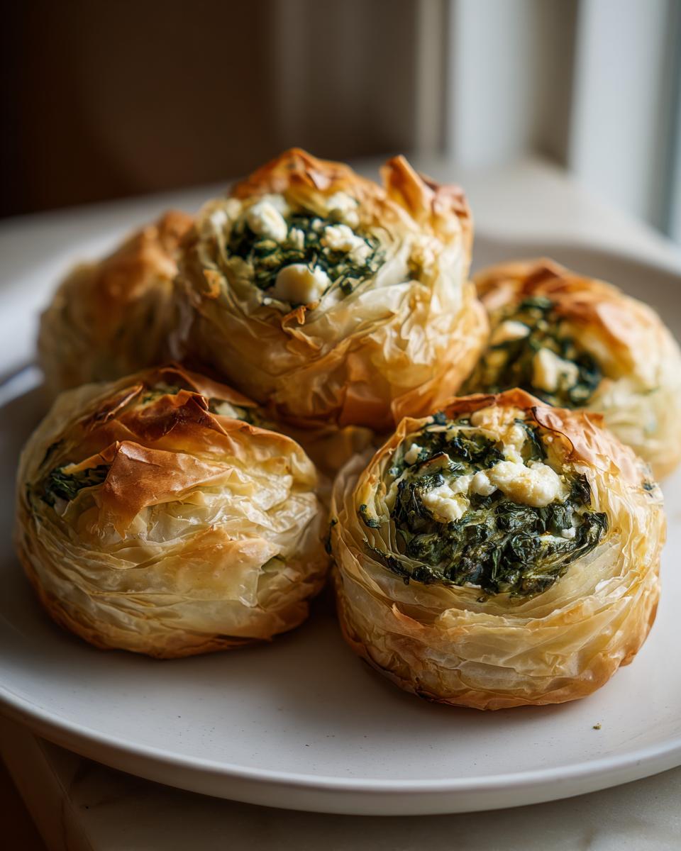 Four golden, flaky Mediterranean Spinach and Feta Cheese Crisps served on a light plate.
