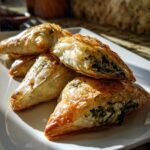 Golden brown, flaky Mediterranean Spinach and Feta Cheese Crisps stacked on a white plate.