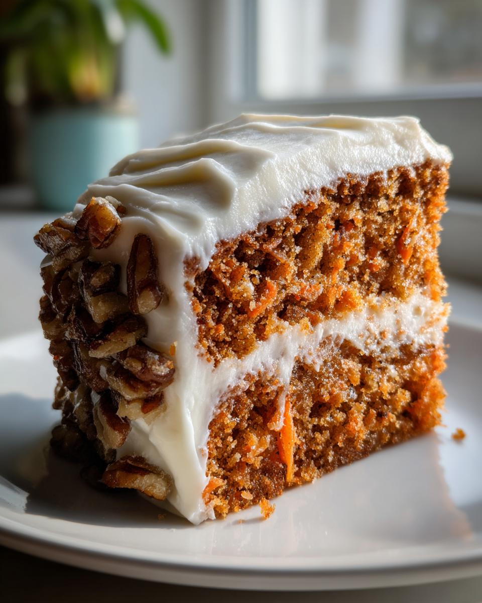 A perfect slice of moist carrot cake recipe, layered with cream cheese frosting and covered in pecans.