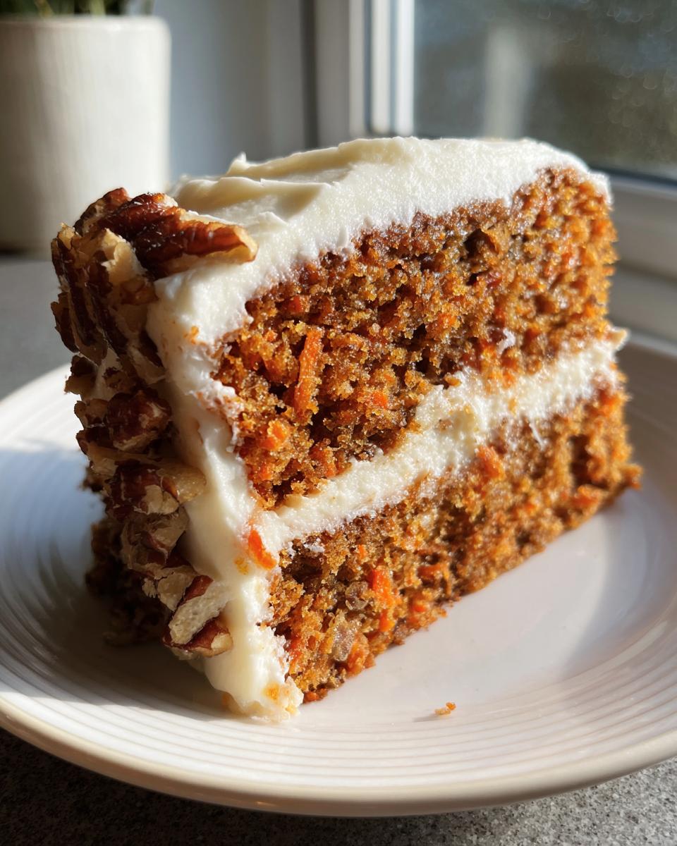 A close-up of a thick slice of carrot cake recipe, layered with cream cheese frosting and covered in pecans.
