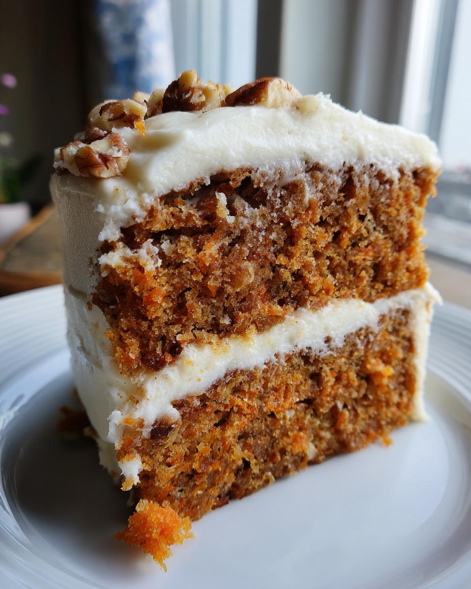 Close-up of a thick slice of moist carrot cake recipe layers with cream cheese frosting and topped with pecans.
