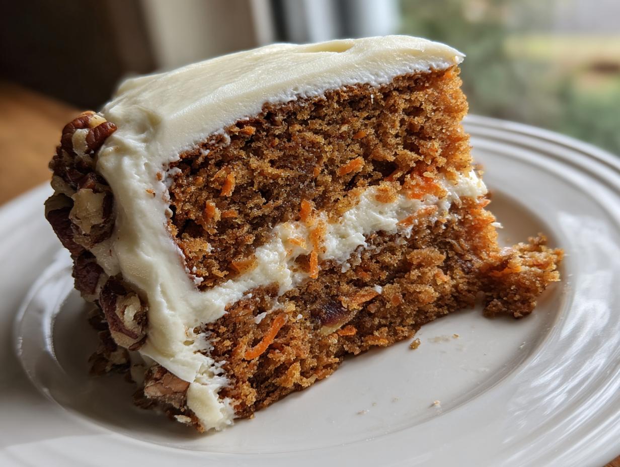 Close-up of a rich slice of carrot cake recipe, featuring visible shredded carrots, cream cheese frosting, and pecans on the side.