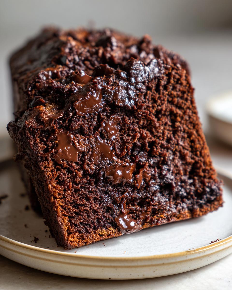 Close-up of a rich, dark slice of chocolate banana bread showing a moist crumb and melted chocolate chips.