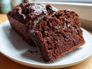 Close-up of a moist, dark slice of chocolate banana bread showing melted chocolate chips.