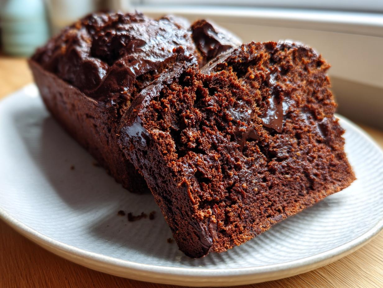 Close-up of a moist, dark slice of chocolate banana bread showing melted chocolate chips.