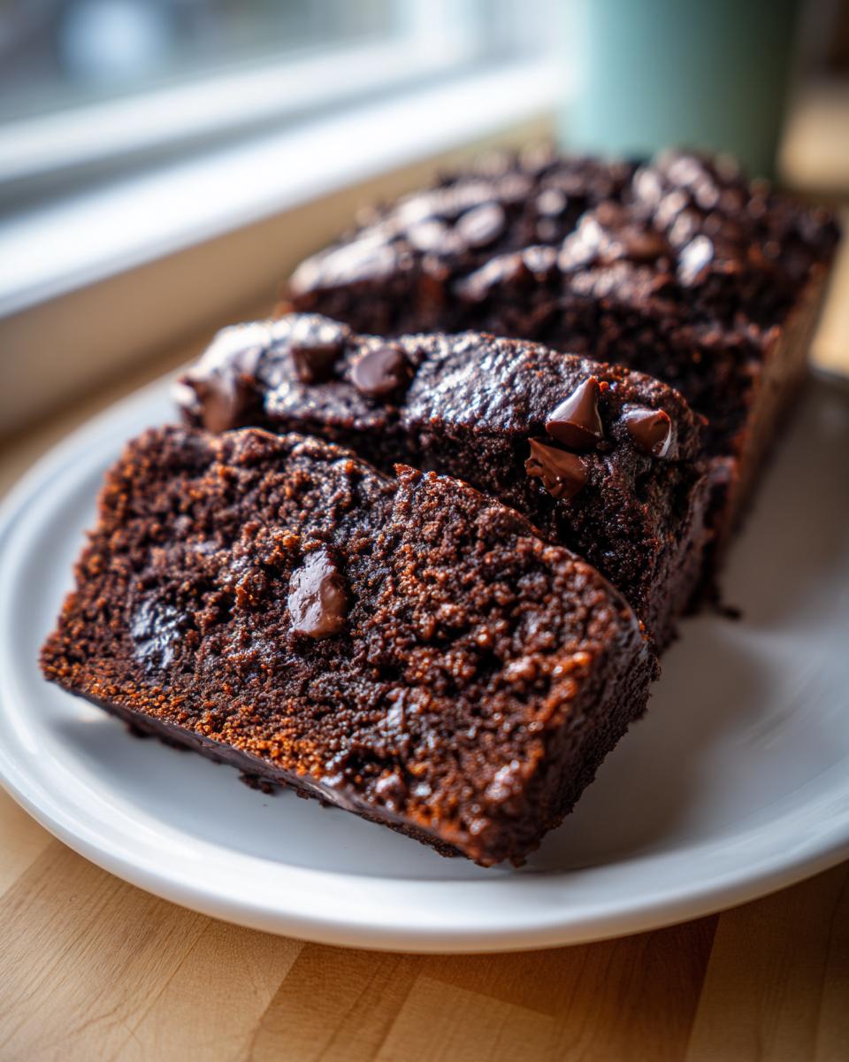 Close-up of three moist slices of dark chocolate banana bread topped with melted chocolate chips on a white plate.