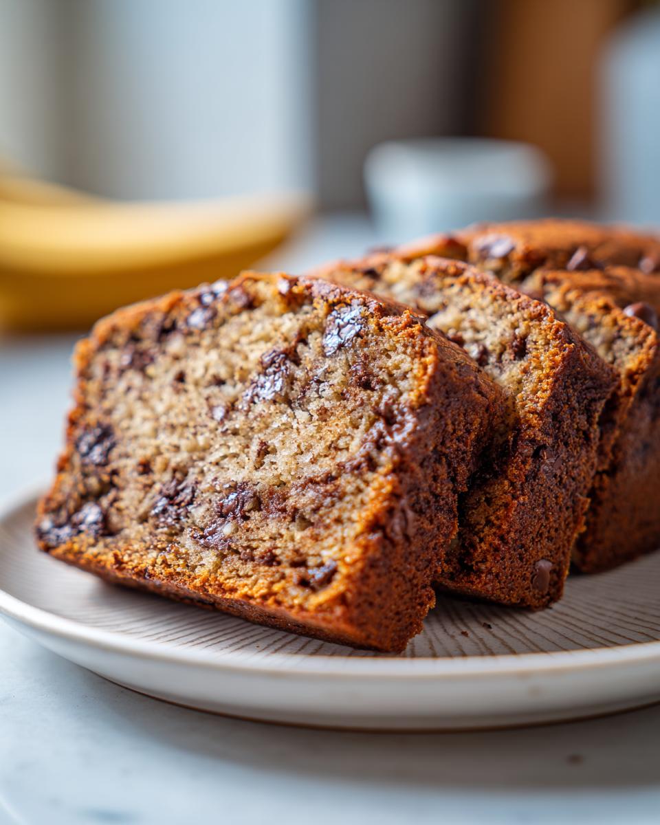 Close-up of three thick slices of moist chocolate banana bread, studded with chocolate chips, resting on a light plate.