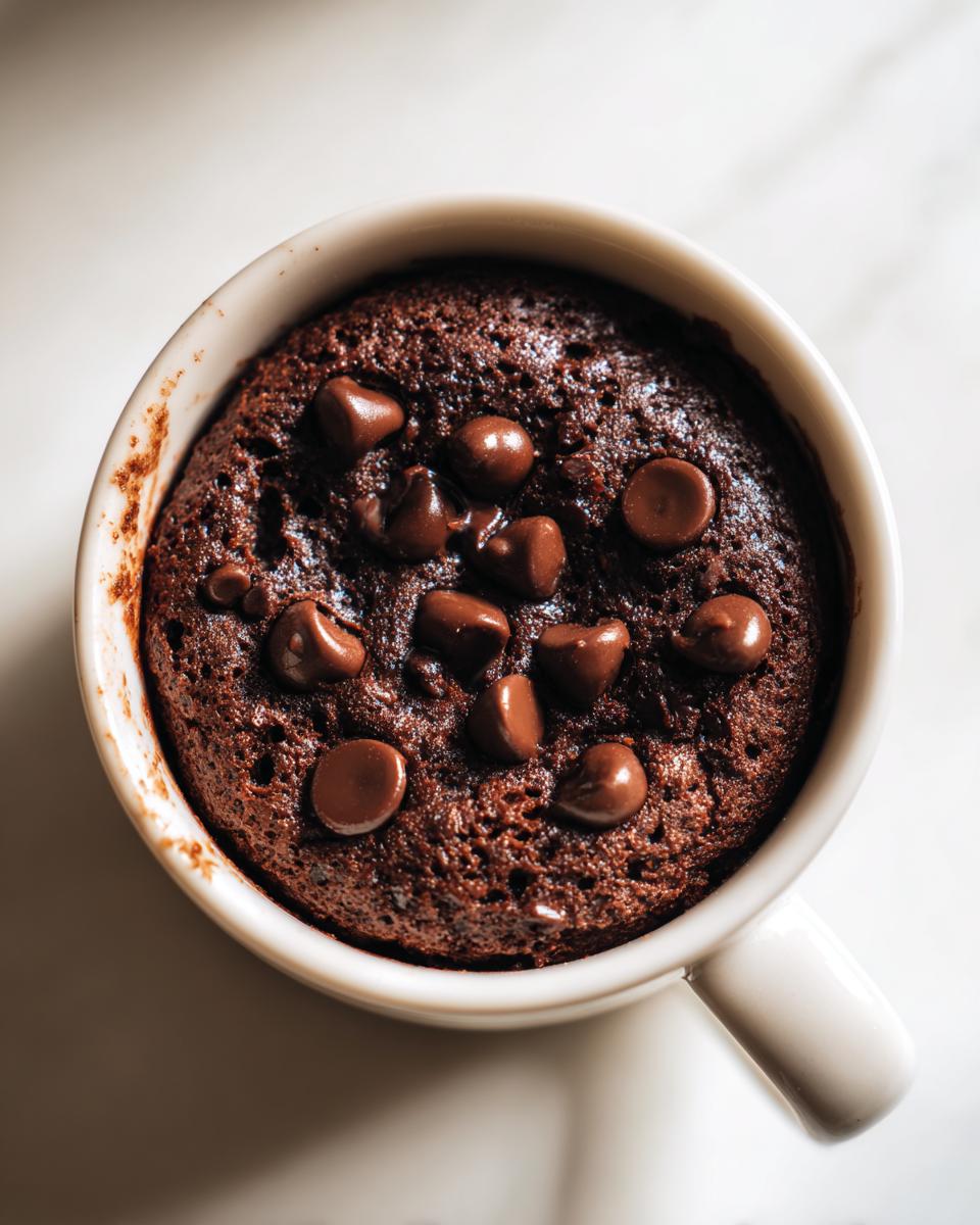 Overhead view of a moist chocolate chip mug cake topped with melted chocolate chips.