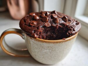 Close-up of a rich, dark chocolate chip mug cake overflowing from a speckled ceramic mug.