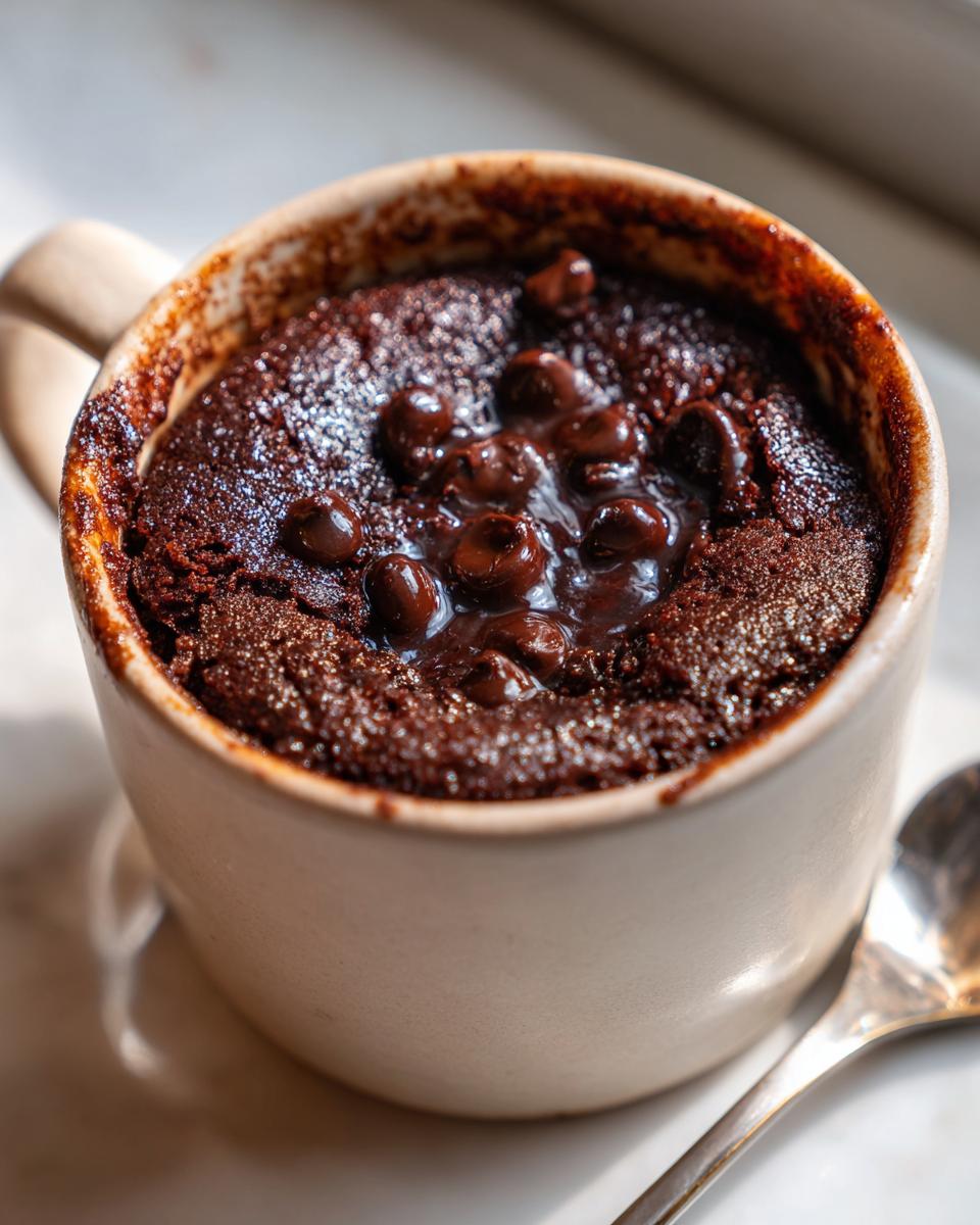 Close-up of a rich, dark chocolate mug cake topped with melted chocolate chips, ready to eat.