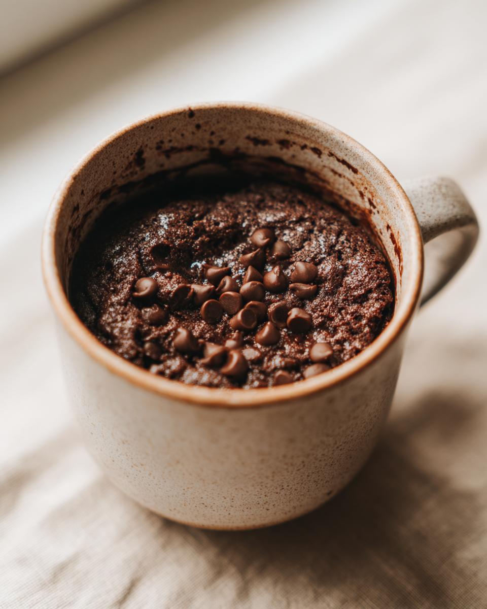 Close-up of a rich, dark chocolate mug cake topped with melted chocolate chips, ready to eat.
