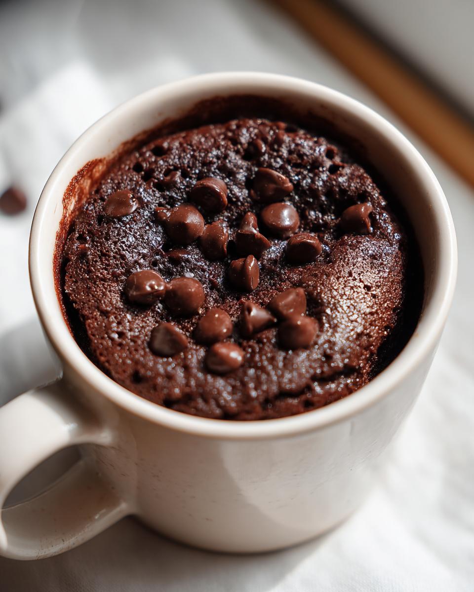 Close-up of a rich, dark chocolate mug cake topped with melted chocolate chips, ready to eat.