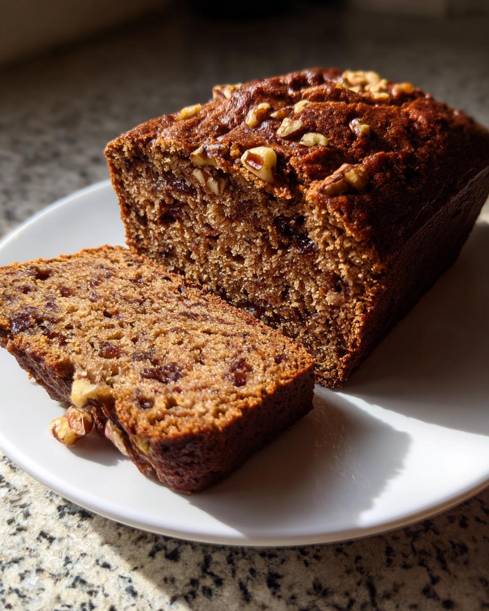 A moist loaf of date nut bread, partially sliced, displaying walnuts and dates throughout the crumb.