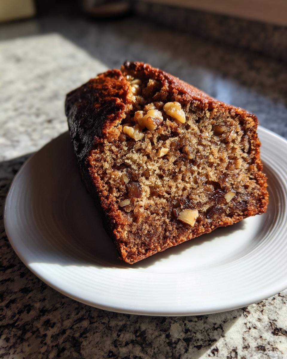 A close-up slice of moist date nut bread, studded with visible walnuts, served on a white plate.