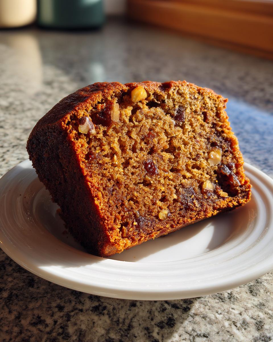 A close-up of a moist slice of date nut bread showing the rich brown crumb studded with dates and walnuts.