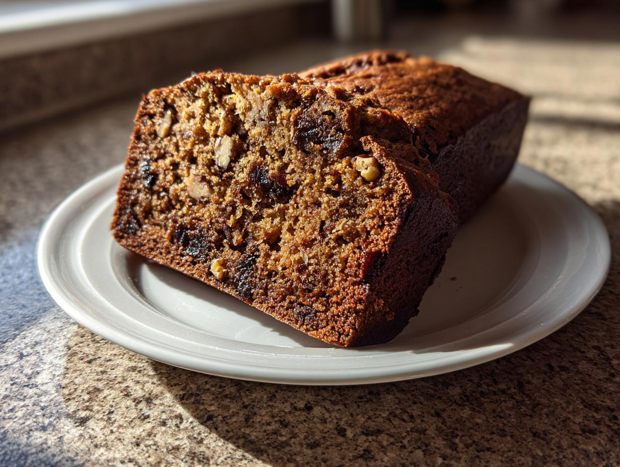 A thick slice of moist date nut bread, rich with visible dates and walnuts, resting on a white plate.