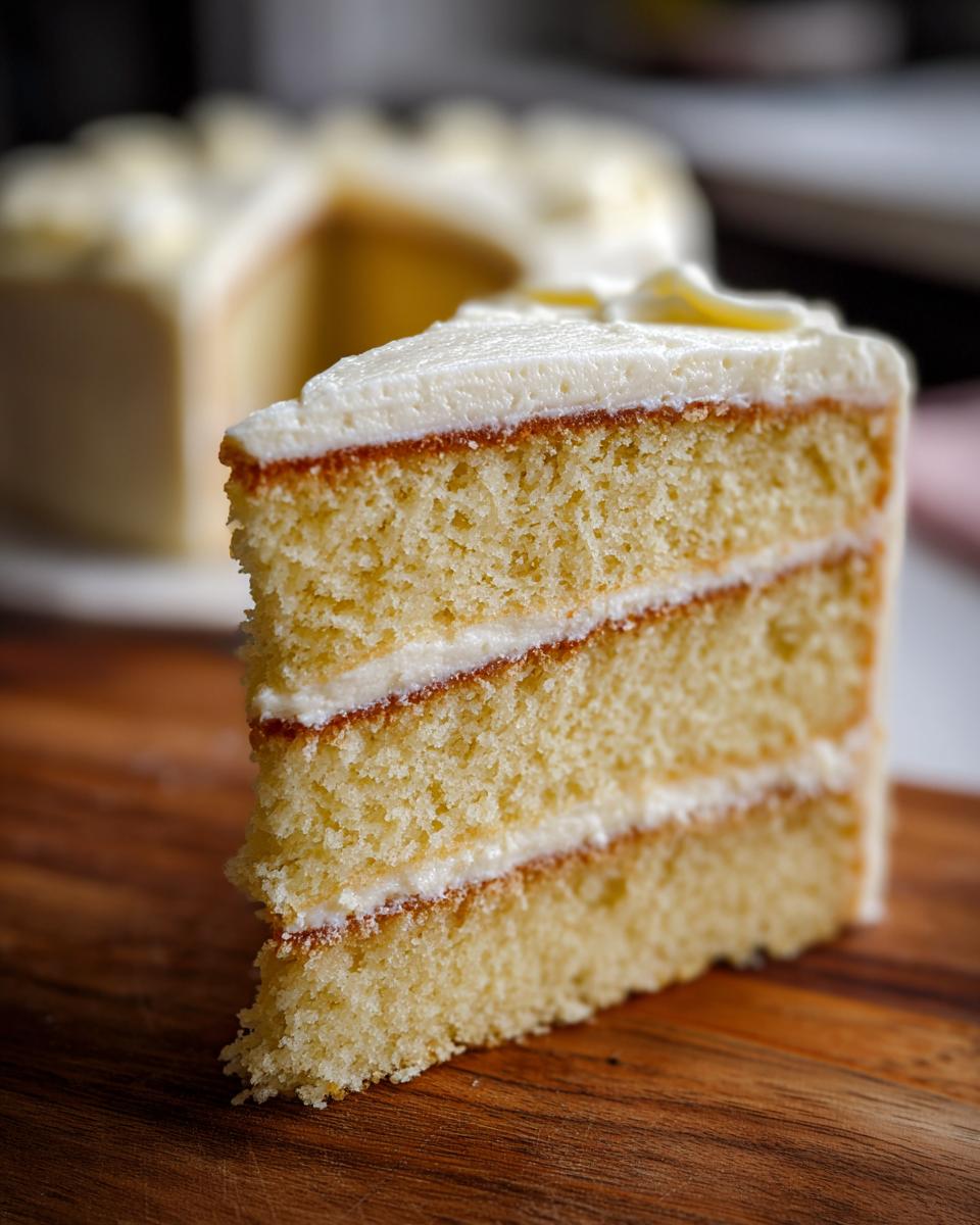 Close-up of a moist, three-layer slice of vanilla cake recipe with white frosting.