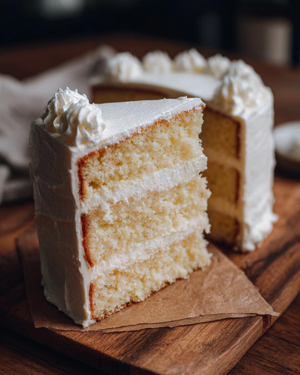 A moist slice of layered vanilla cake recipe with white frosting and piped cream dollops.