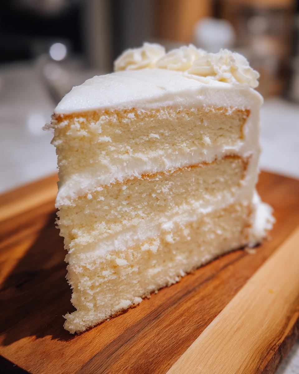 A tall, moist slice of three-layer vanilla cake recipe with white frosting, served on a wooden board.