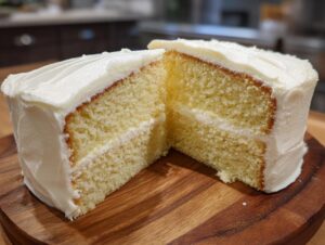 A two-layer vanilla cake recipe cut in half, revealing a moist crumb and white frosting.