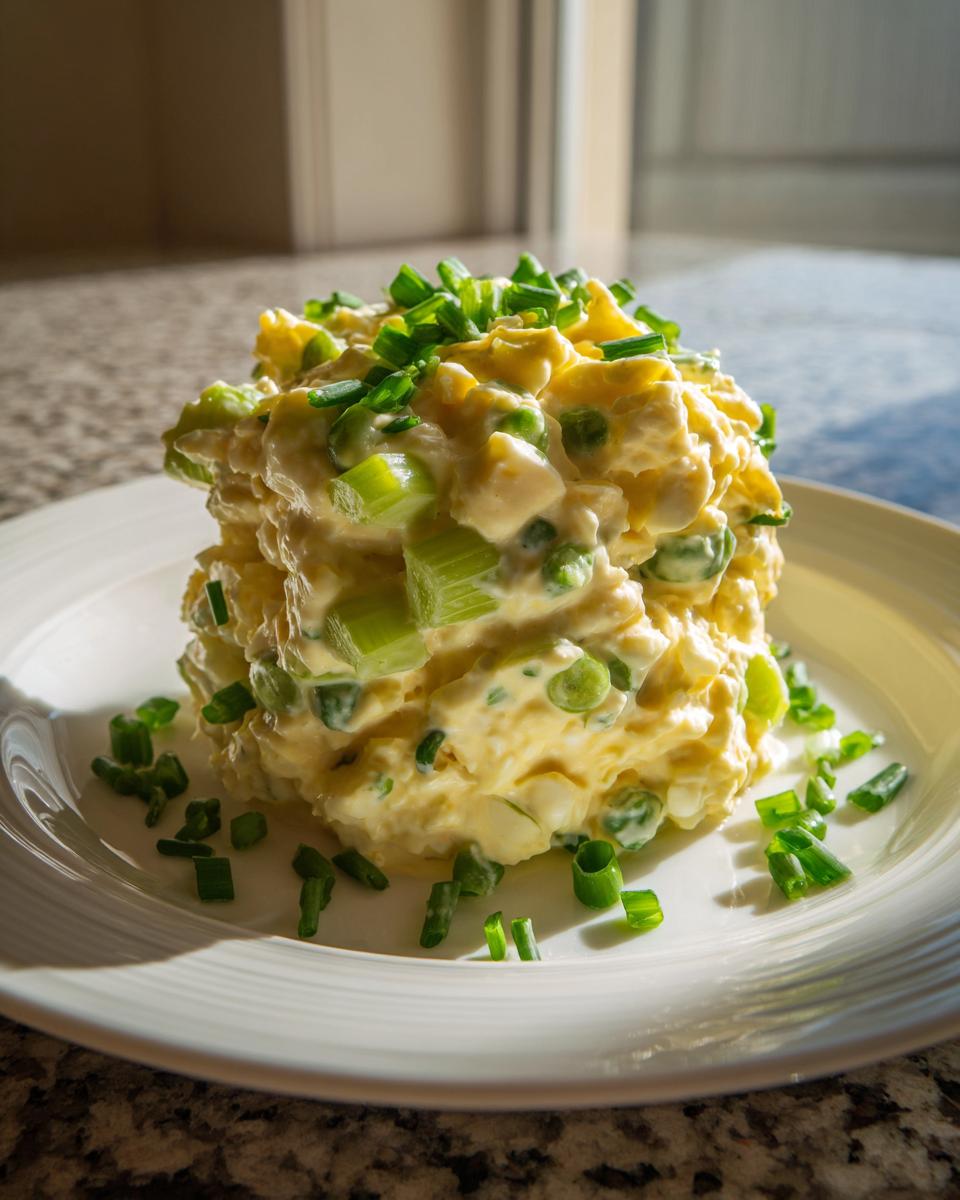 A tall, molded serving of creamy egg salad recipe mixed with celery and topped with fresh chopped chives.