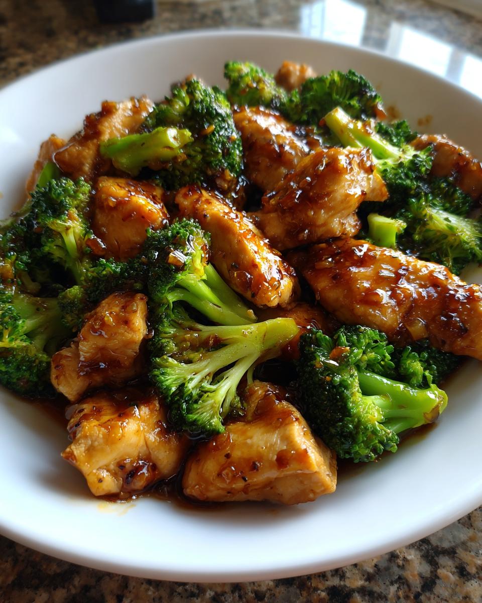 A close-up of tender pieces of chicken and bright green broccoli florets coated in a savory brown sauce, representing chicken and broccoli.