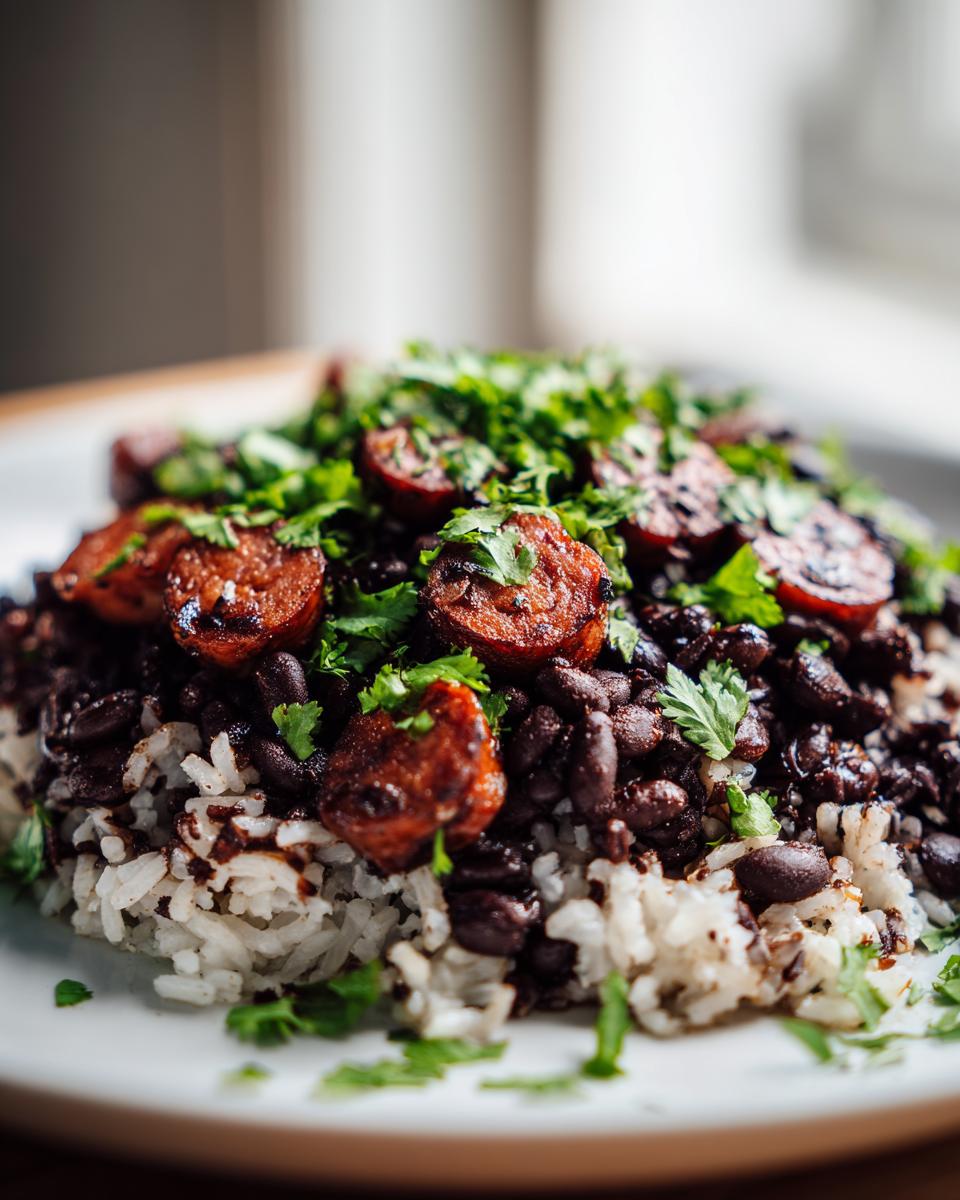 Close-up of flavorful black beans and rice topped with sliced, seared sausage and fresh cilantro.