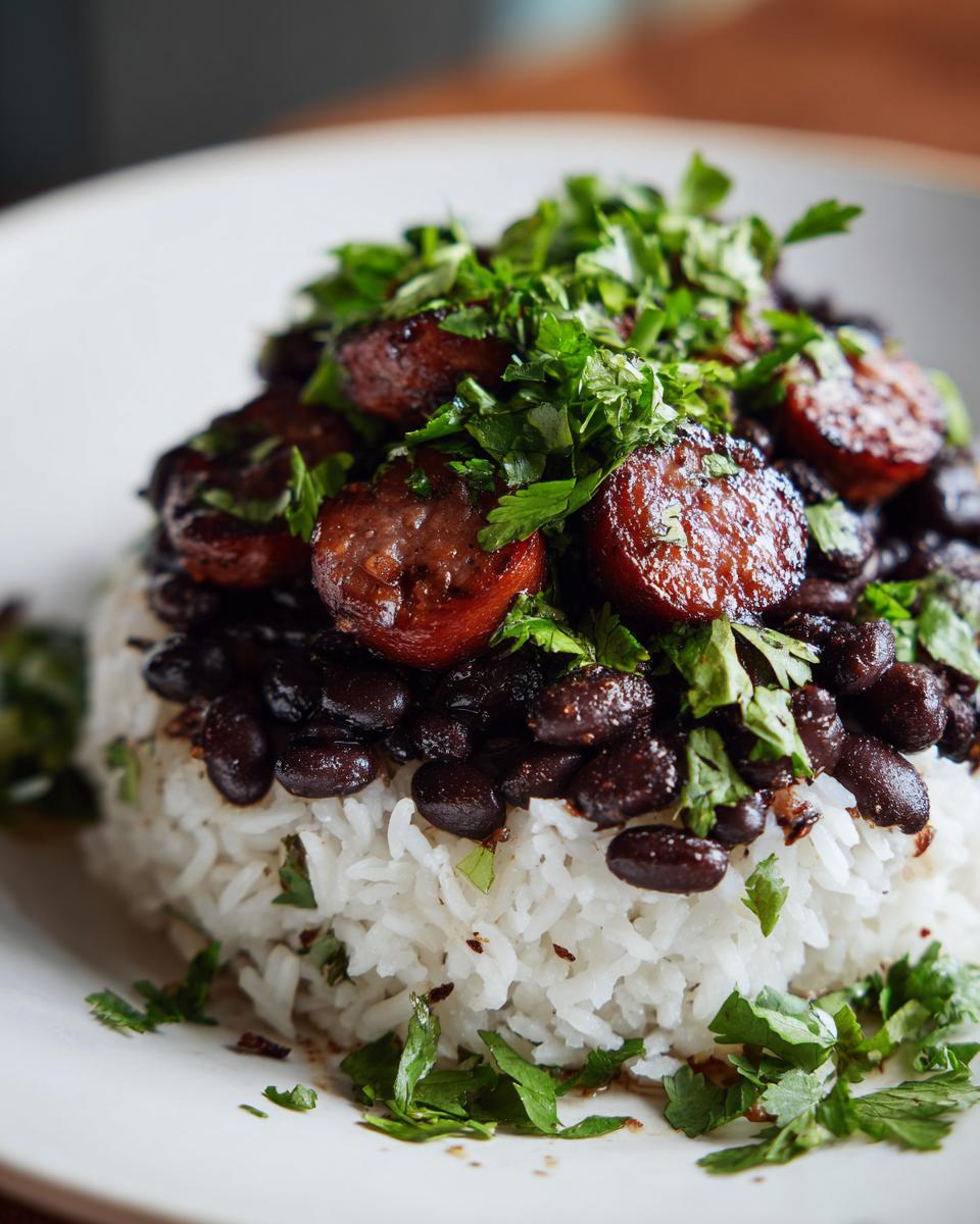 Close-up of white rice topped with black beans and slices of smoked sausage, garnished heavily with fresh cilantro.