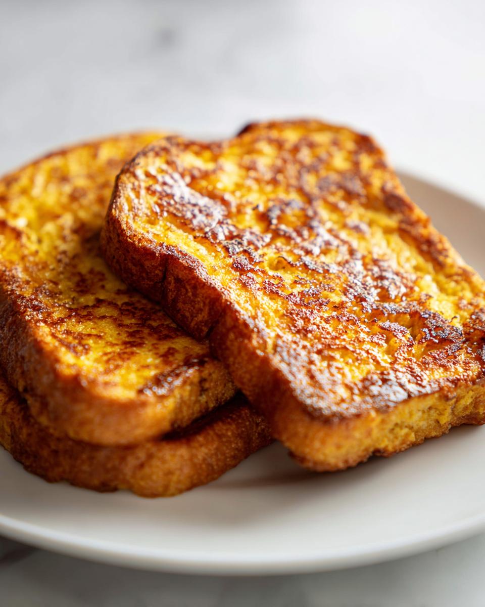 Close-up of three slices of perfectly cooked, golden brown french toast stacked on a white plate.