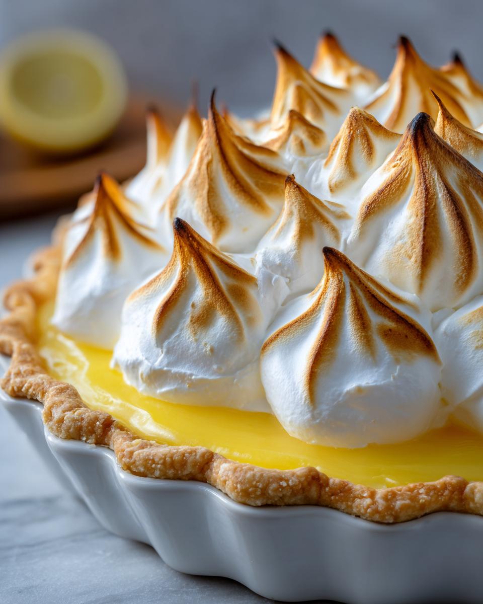 Close-up of a freshly baked lemon meringue pie showing tall, toasted meringue peaks over bright yellow lemon filling.