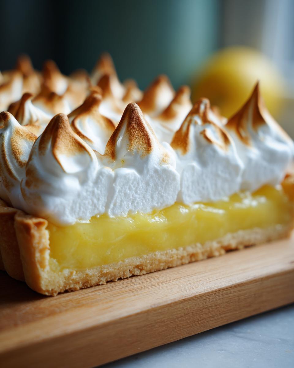A cross-section of a perfect lemon meringue tart showing the crisp crust, bright yellow lemon filling, and torched meringue peaks.