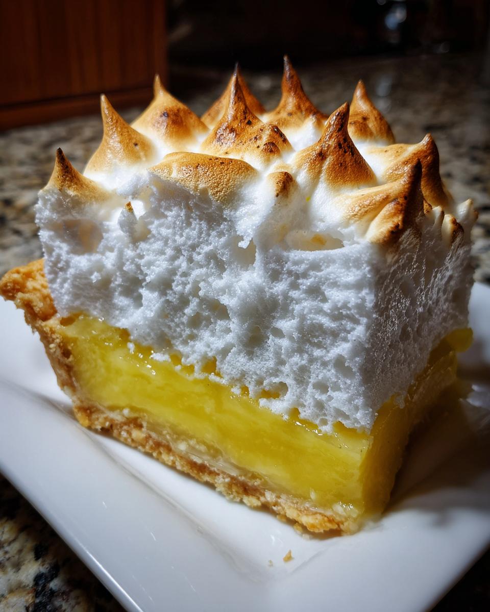 A close-up slice of lemon meringue pie showing a thick layer of bright yellow lemon filling and tall, perfectly torched meringue peaks.
