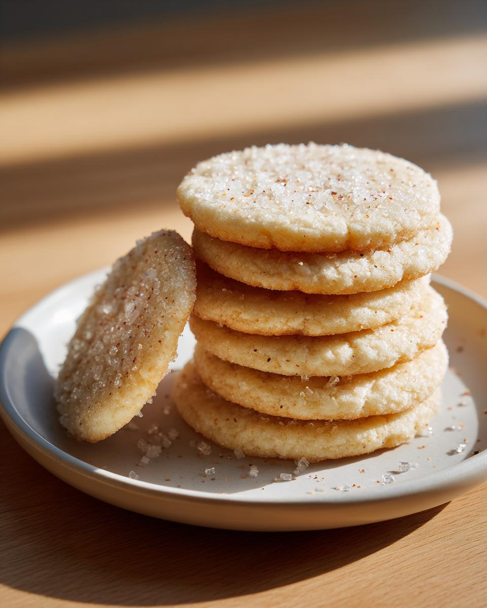 A stack of five perfectly round, baked sugar cookie rounds topped with coarse sugar crystals.