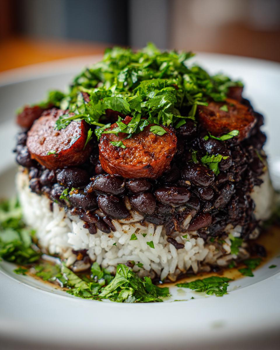 A beautifully plated serving of black beans and rice topped with slices of browned sausage and fresh cilantro.
