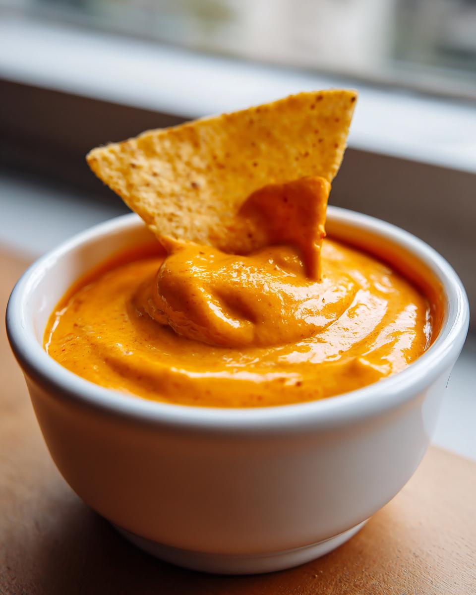 A close-up of a tortilla chip dipped into a small white bowl filled with vibrant orange nacho cheese sauce.