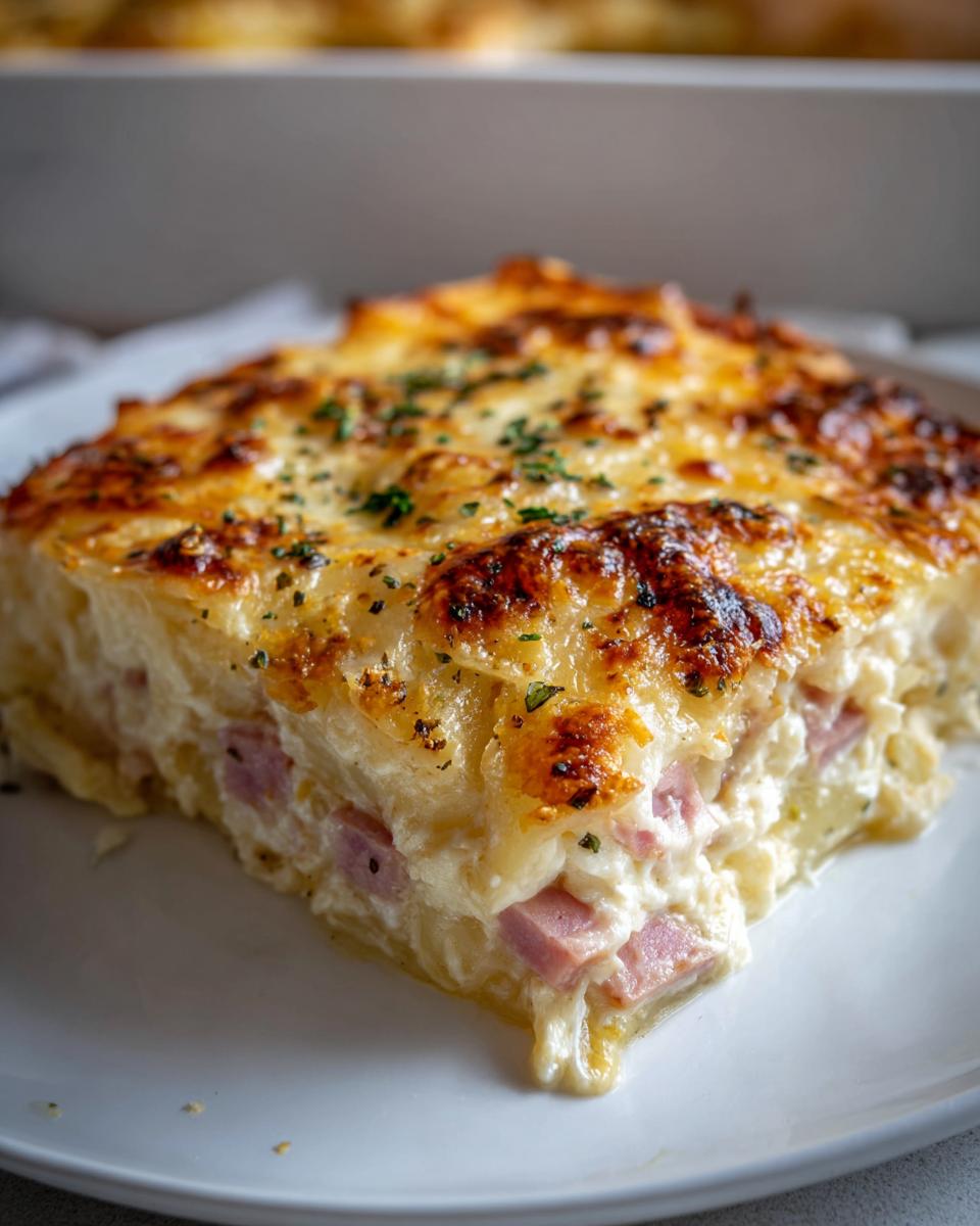 A close-up of a square serving of creamy scalloped potatoes and ham, topped with browned, bubbly cheese and parsley.