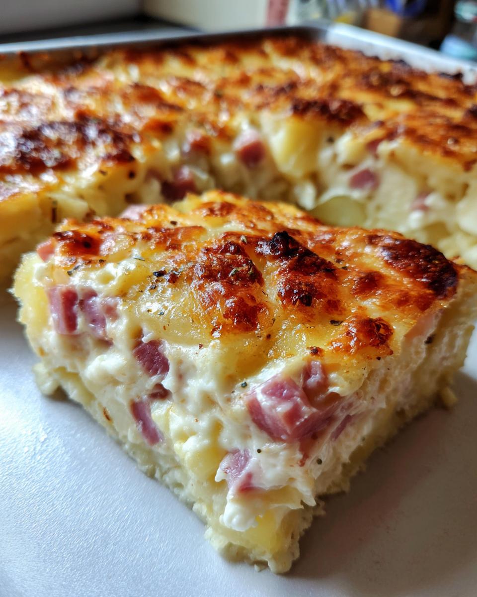 A close-up slice of creamy scalloped potatoes and ham with a golden, bubbly cheese crust.